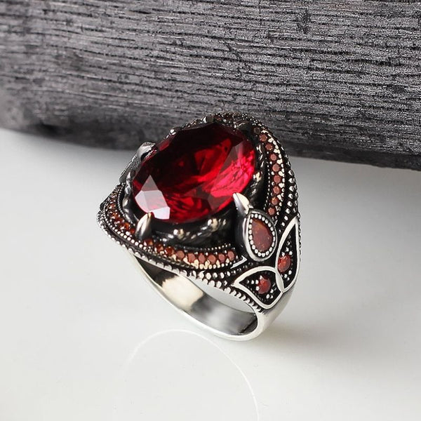 Bague Argent Massif 925 – Pierre Rouge – Alliance Style Créateur – Taille 59