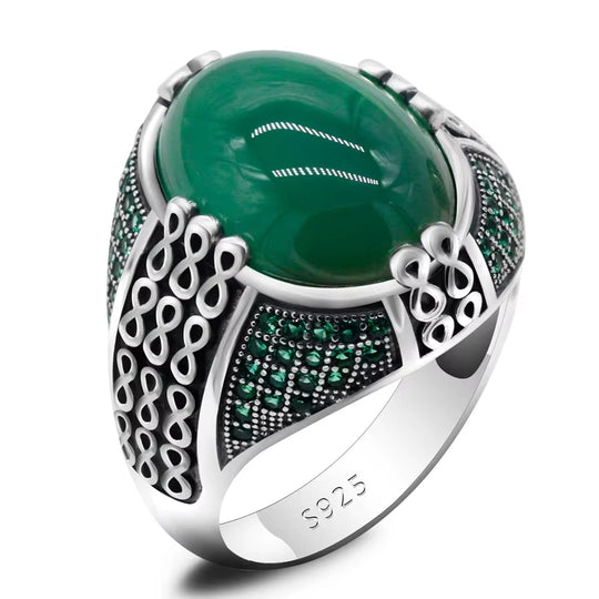 Chevalière Argent Agate Verte