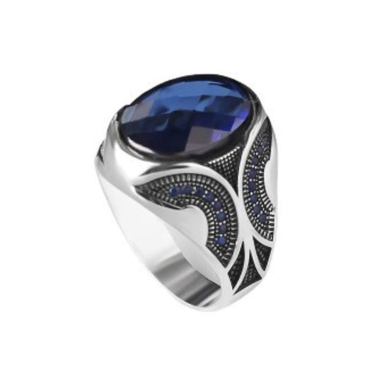 Bague Homme Argent avec Pierre Bleue