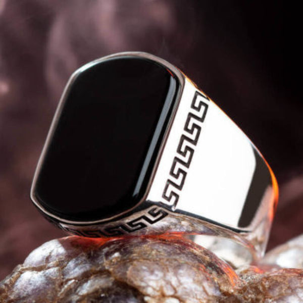 Bague Dôme En Argent Massif Avec Onyx Rectangles - Taille 55 - Occasion