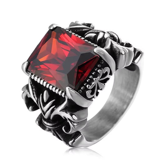 Bague Fleur de Lys et Pierre Rouge Argent