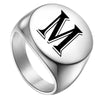 Chevalière massive initiale M personnalisée, plateau gravé acier inoxydable
