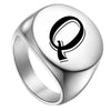 Chevalière massive initiale Q personnalisée, plateau gravé acier inoxydable