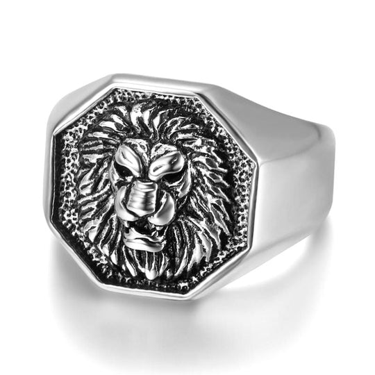 Chevalière Forme Hexagonale et Tête de Lion