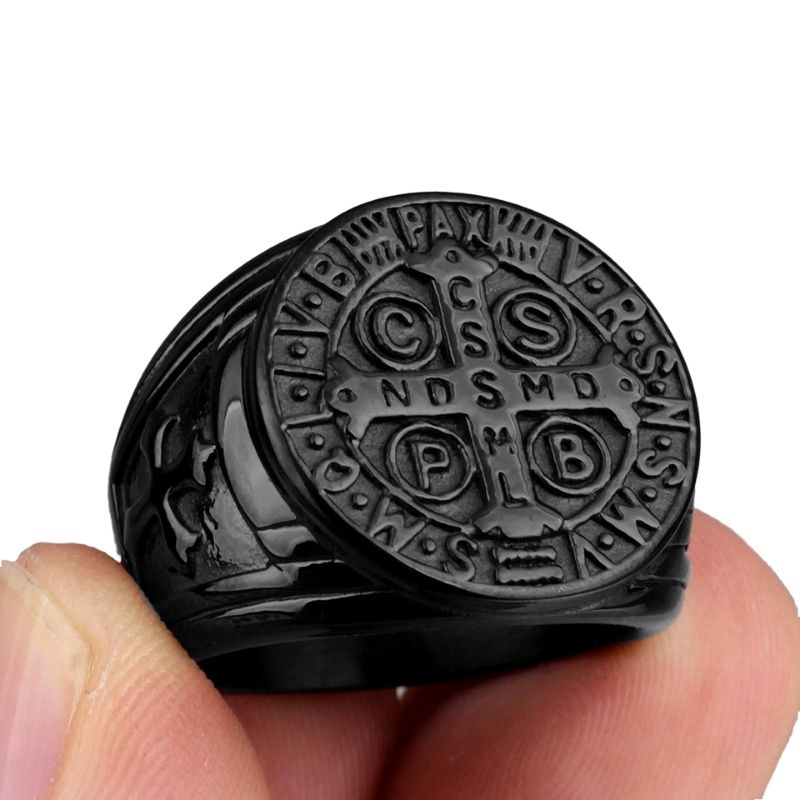 Bague Chevalière Homme Croix Saint Benoît Protection - Acier Argenté BOBIJOO Jewelry