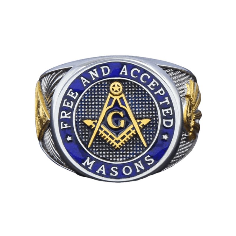 Bague Maçonnique Loge Bleue – Chevalière Or Acier Inoxydable Symbole Franc-Maçon Maître – Design Punk Motard Bleu Émaillé