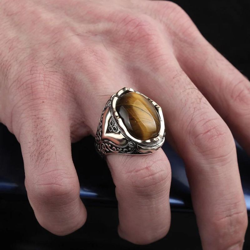 Bague En Argent Avec œil De Tigre - Taille 56 - Bijou Occasion Pierre Naturelle