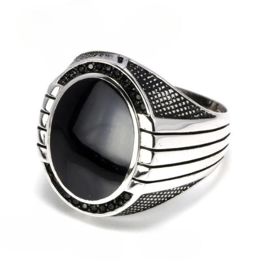 Chevalière Argent Pierre Noir Ovale