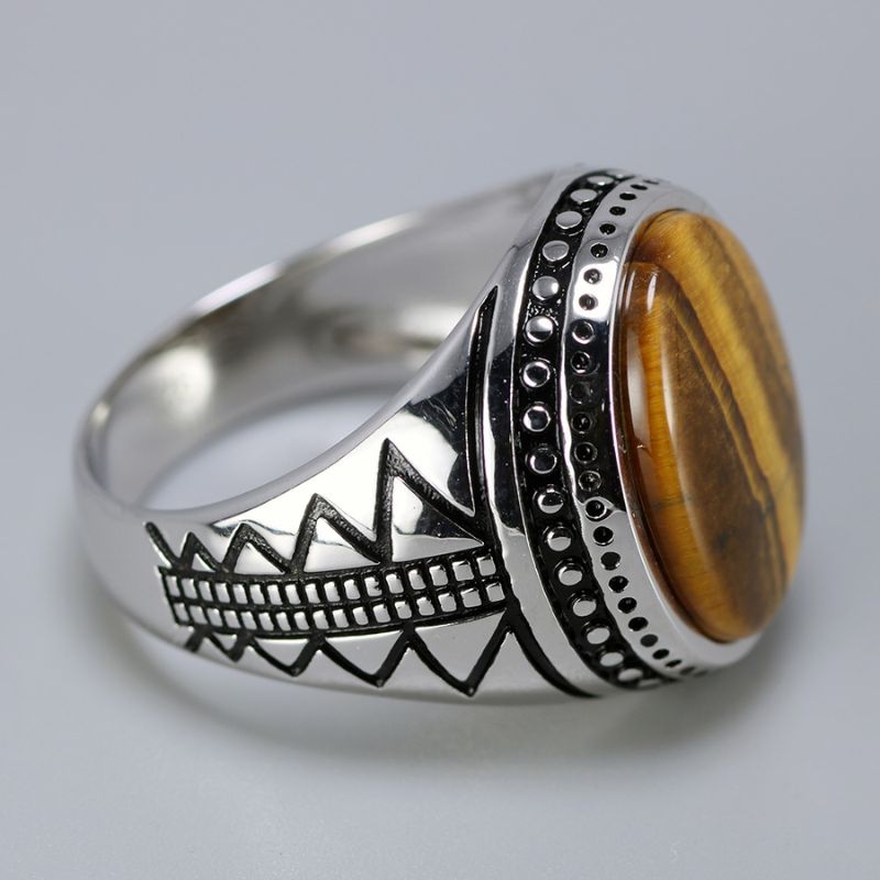 Bague Oeil De Tigre Argent 925 Homme - Chevalière Vintage Gravée Main Pierre Polie, Bague Petit Doigt Ou Fiançailles (Taille 68)