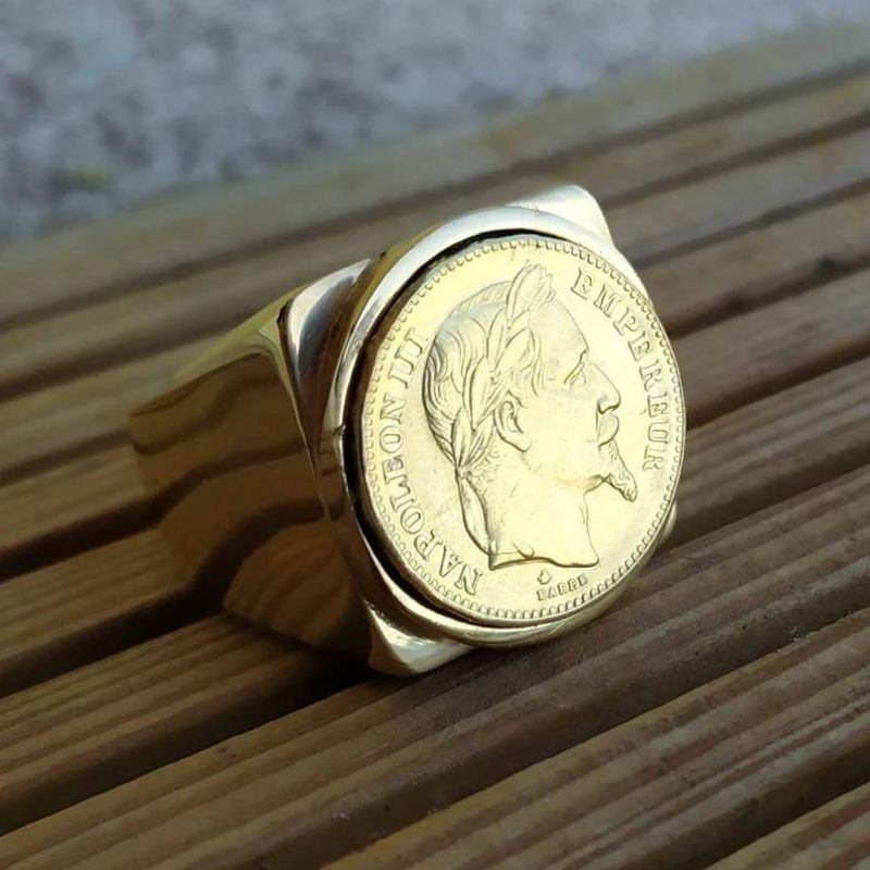 Chevalière Napoléon III 20 francs classique Acier inoxydable Or