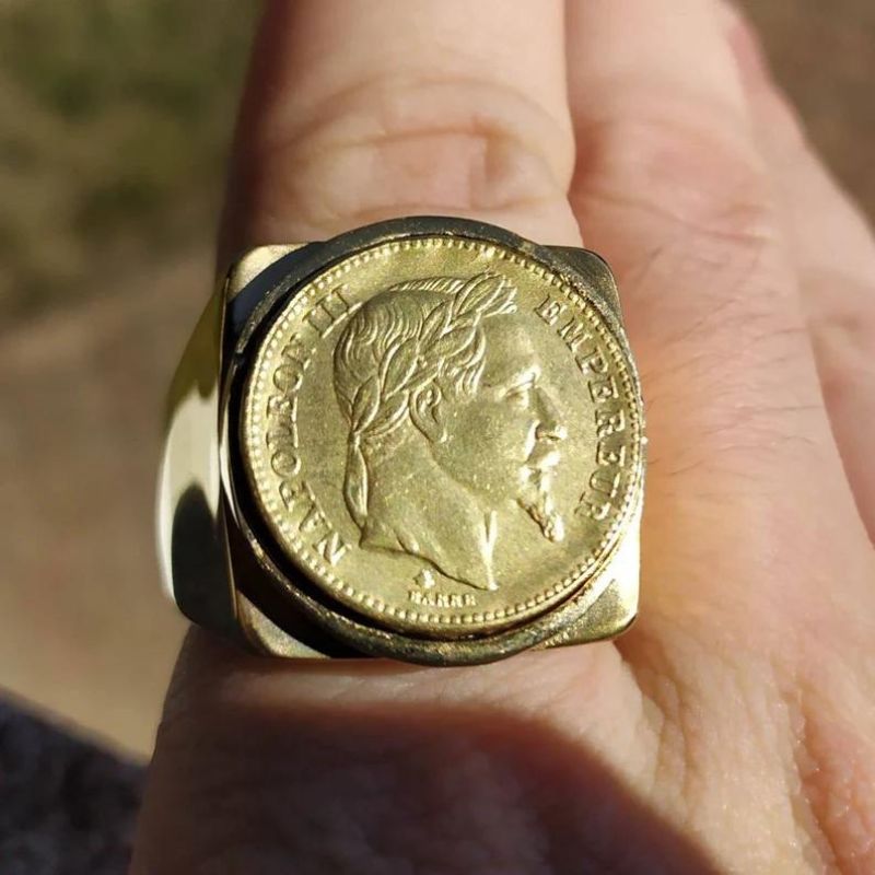 Bague pièce réplique 20 fr Napoléon III Acier inox. argenté Bague pièce réplique 20 fr Napoléon III Acier inox. argenté