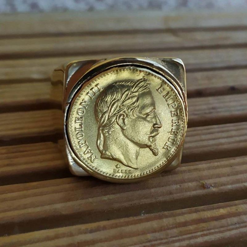 BOBIJOO Anello Napoleone Bonaparte 20 Franchi – Acciaio Inox 316L Placcato Oro, Diametro 24 Mm, Uomo