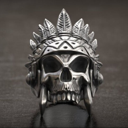 Chevalière Tête de Mort Indienne en Argent